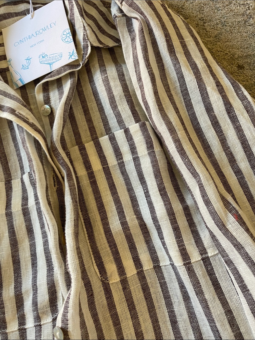 Cynthia Rowley Beige and Brown Striped Linen Button-Down Shirt - Picture 4 of 5